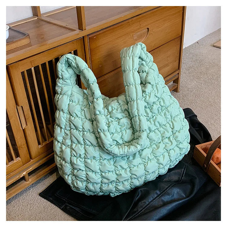 Women Fashion Crossbody Bag Large Capacity Puffy Nylon Casual Handbag Lightweight Quilted Padded Double Zipper Hobo Shoulder Bag