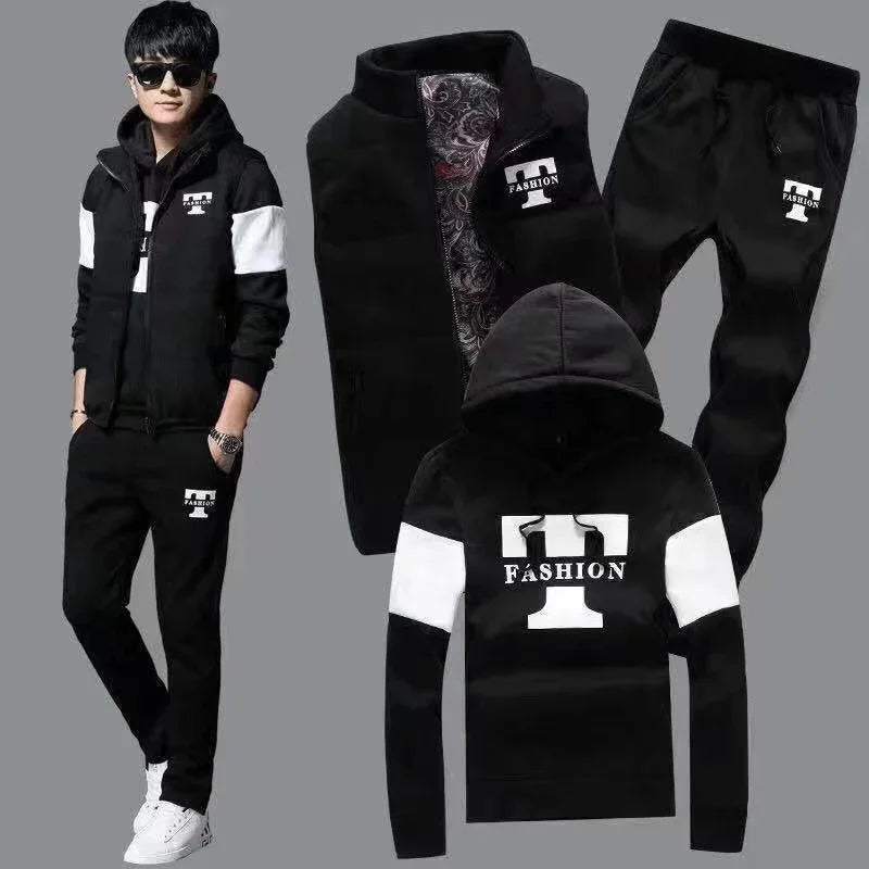3 Pieces Set Hoodies+Vest+Pants Casual Men's Track Suit Clothing Coats Winter Thick Warm Tracksuit for Men Printed Mens Set Vest