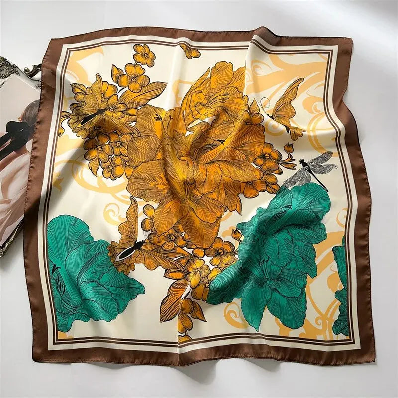 Luxury Print Silk Feeling Square Scarf Women Spring Neck Tie Shawl Wraps Female 70cm Hair Hand Wrist Headkercheif Hijab Bandana
