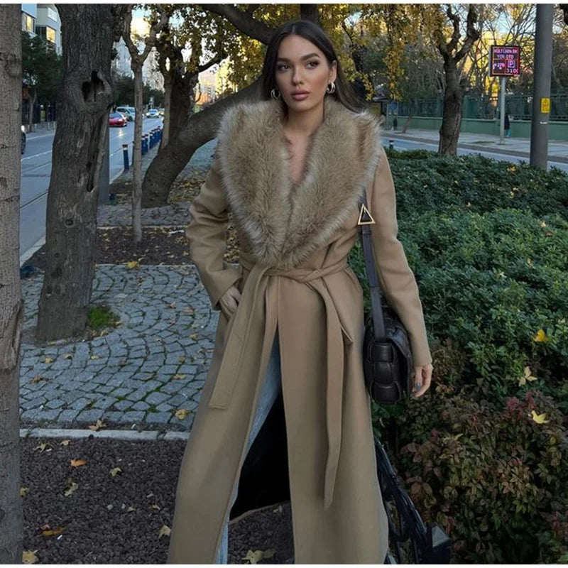 Elegant Fur Lapel Maxi Coats Women Lace Up Full Sleeve Pocket Wool Long Overcoats 2024 Winter New Lady High Street Outwear