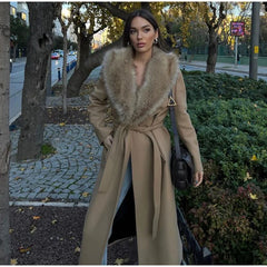 Elegant Fur Lapel Maxi Coats Women Lace Up Full Sleeve Pocket Wool Long Overcoats 2024 Winter New Lady High Street Outwear