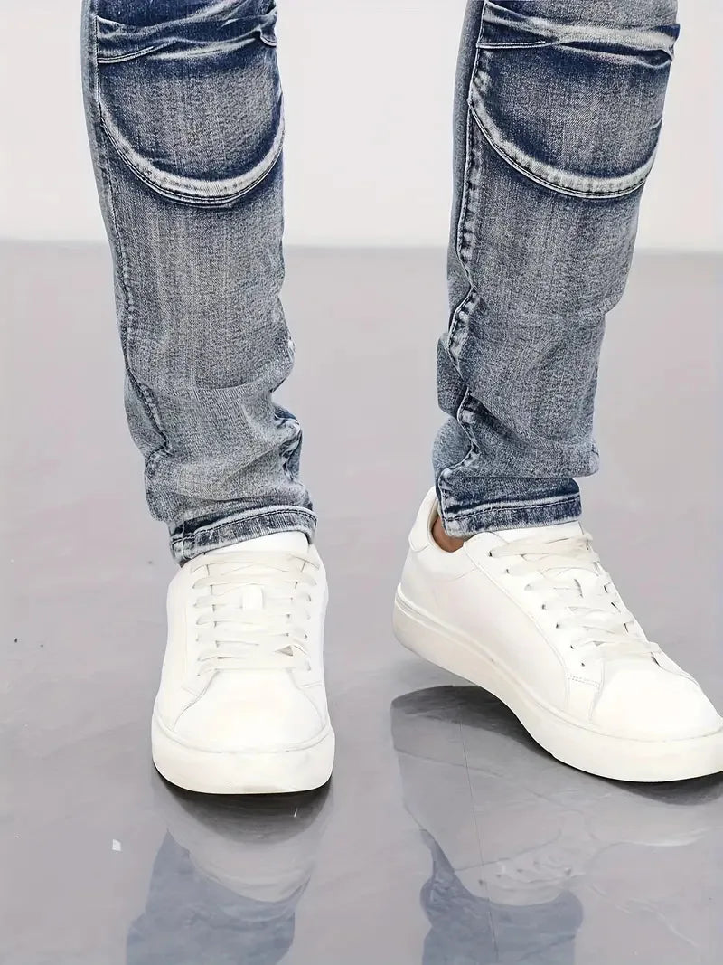 Pencil Jeans Men Ankle Length Denim Pants Washed Ripped Jeans Spliced Patchwork Pockets Slim Fit Moto Biker High Waist Man