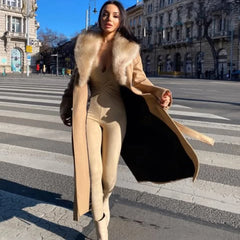 Elegant Fur Lapel Maxi Coats Women Lace Up Full Sleeve Pocket Wool Long Overcoats 2024 Winter New Lady High Street Outwear