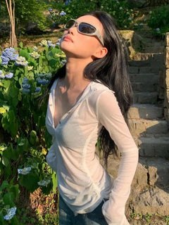 Genayooa Hooded Sheer T Shirt Woman Clothes Long Sleeve Korean Fashion 2000s Clothes Y2k See Through Autumn Tops Tees Female