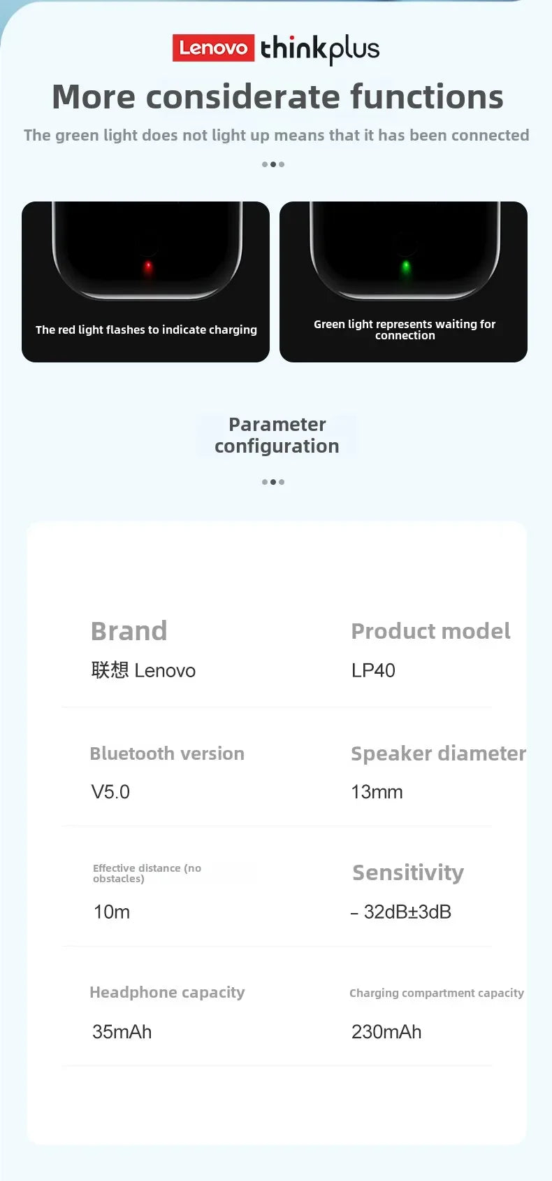 Lenovo Thinkplus LP40 Bluetooth Earphones Wireless Headset for Mobile Phone Music Gaming Earbuds Original Choice