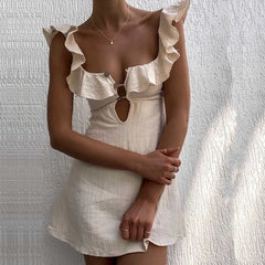 Summer Hollow Out Button Ruffles Short Dress Sexy V Neck Sleeveless Solid Color Dress New Holiday Beach Cotton Linen Mini Dress