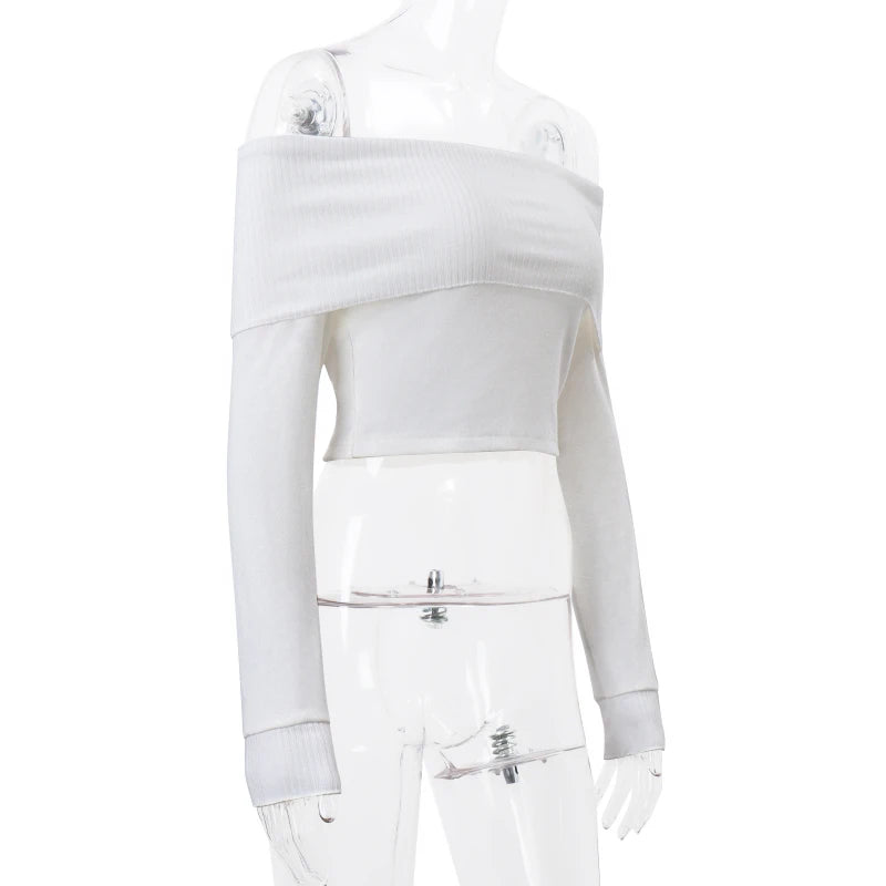 WhereMery Solid Elegant Women Off Shoulder Ribbed Crop Tops Y2K Fashion Casual Skinny Long Sleeve Tank Top Spring Tight T-shirts