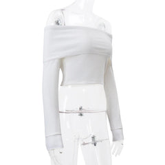 WhereMery Solid Elegant Women Off Shoulder Ribbed Crop Tops Y2K Fashion Casual Skinny Long Sleeve Tank Top Spring Tight T-shirts