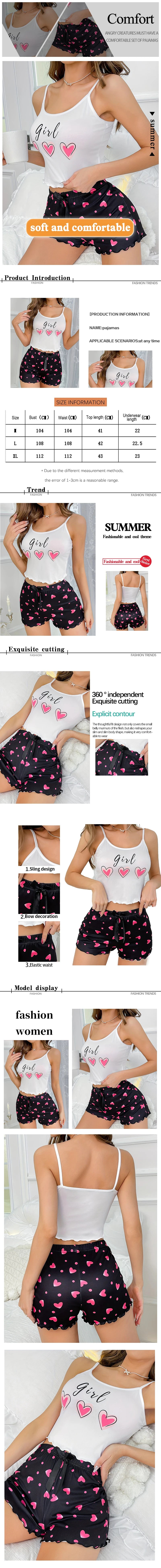 Heart-Shaped Printed Patterns Paired with Sleeveless Round Neck Suspender Top and Casual Home Shorts for Women's Pajama Set