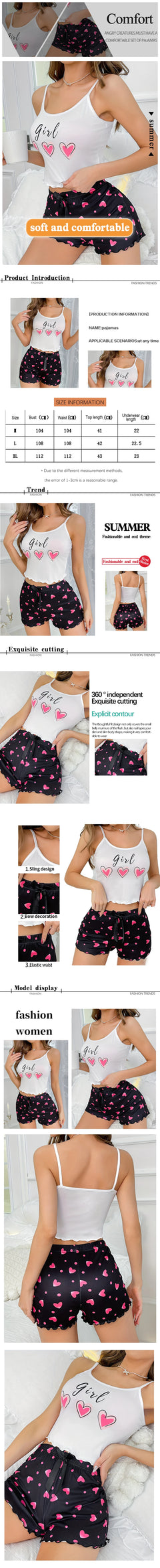 Heart-Shaped Printed Patterns Paired with Sleeveless Round Neck Suspender Top and Casual Home Shorts for Women's Pajama Set
