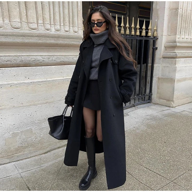 Elegant Fur Lapel Maxi Coats Women Lace Up Full Sleeve Pocket Wool Long Overcoats 2024 Winter New Lady High Street Outwear