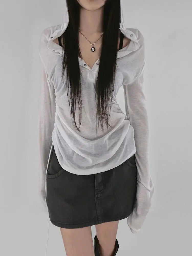 Genayooa Hooded Sheer T Shirt Woman Clothes Long Sleeve Korean Fashion 2000s Clothes Y2k See Through Autumn Tops Tees Female