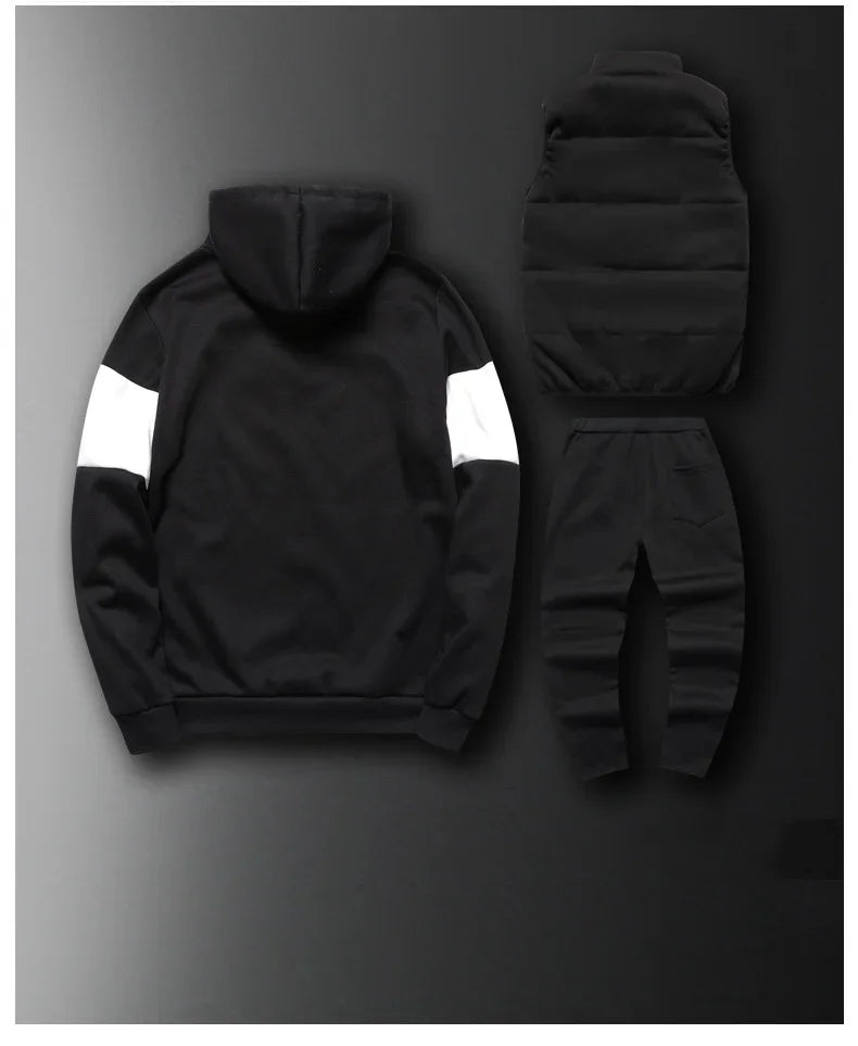 3 Pieces Set Hoodies+Vest+Pants Casual Men's Track Suit Clothing Coats Winter Thick Warm Tracksuit for Men Printed Mens Set Vest