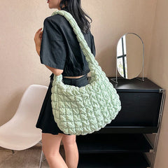 Women Fashion Crossbody Bag Large Capacity Puffy Nylon Casual Handbag Lightweight Quilted Padded Double Zipper Hobo Shoulder Bag