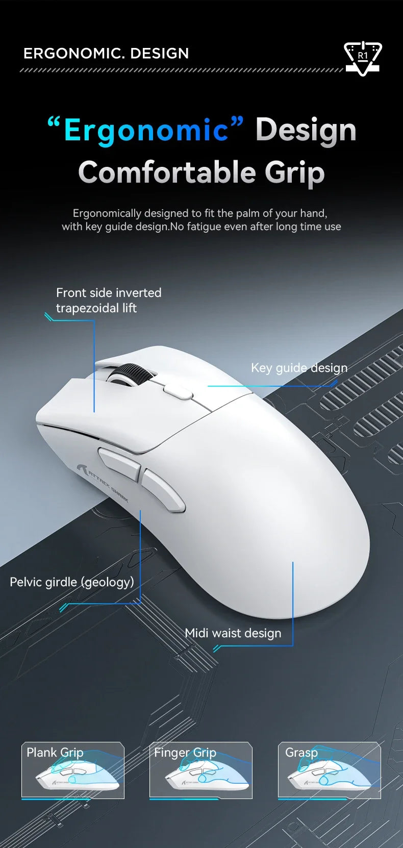 Attack Shark R1 18000dpi Wireless Bluetooth Mouse, Ultra Lightweight Ergonomic Design Mouse, PAW3311 Macro Gaming Mouse