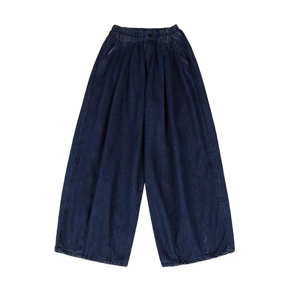 Men Wide Leg Jeans Baggy Retro Blue Japanese Simple Leisure Stylish Soft All-match Pocket Large Size S-3XL Solid New-fashion Hot
