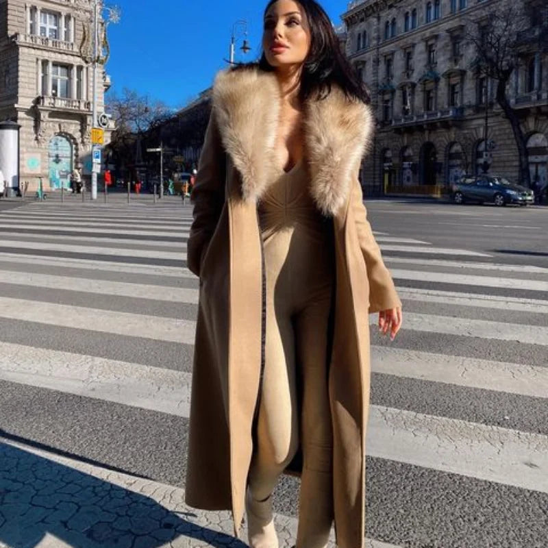 Elegant Fur Lapel Maxi Coats Women Lace Up Full Sleeve Pocket Wool Long Overcoats 2024 Winter New Lady High Street Outwear