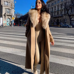 Elegant Fur Lapel Maxi Coats Women Lace Up Full Sleeve Pocket Wool Long Overcoats 2024 Winter New Lady High Street Outwear