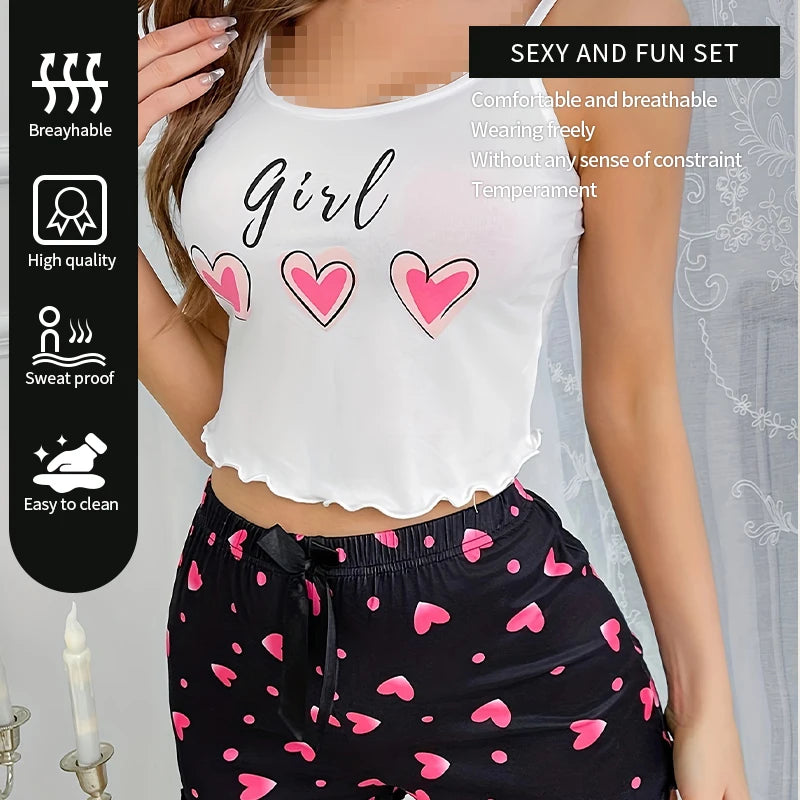 Heart-Shaped Printed Patterns Paired with Sleeveless Round Neck Suspender Top and Casual Home Shorts for Women's Pajama Set