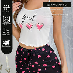 Heart-Shaped Printed Patterns Paired with Sleeveless Round Neck Suspender Top and Casual Home Shorts for Women's Pajama Set