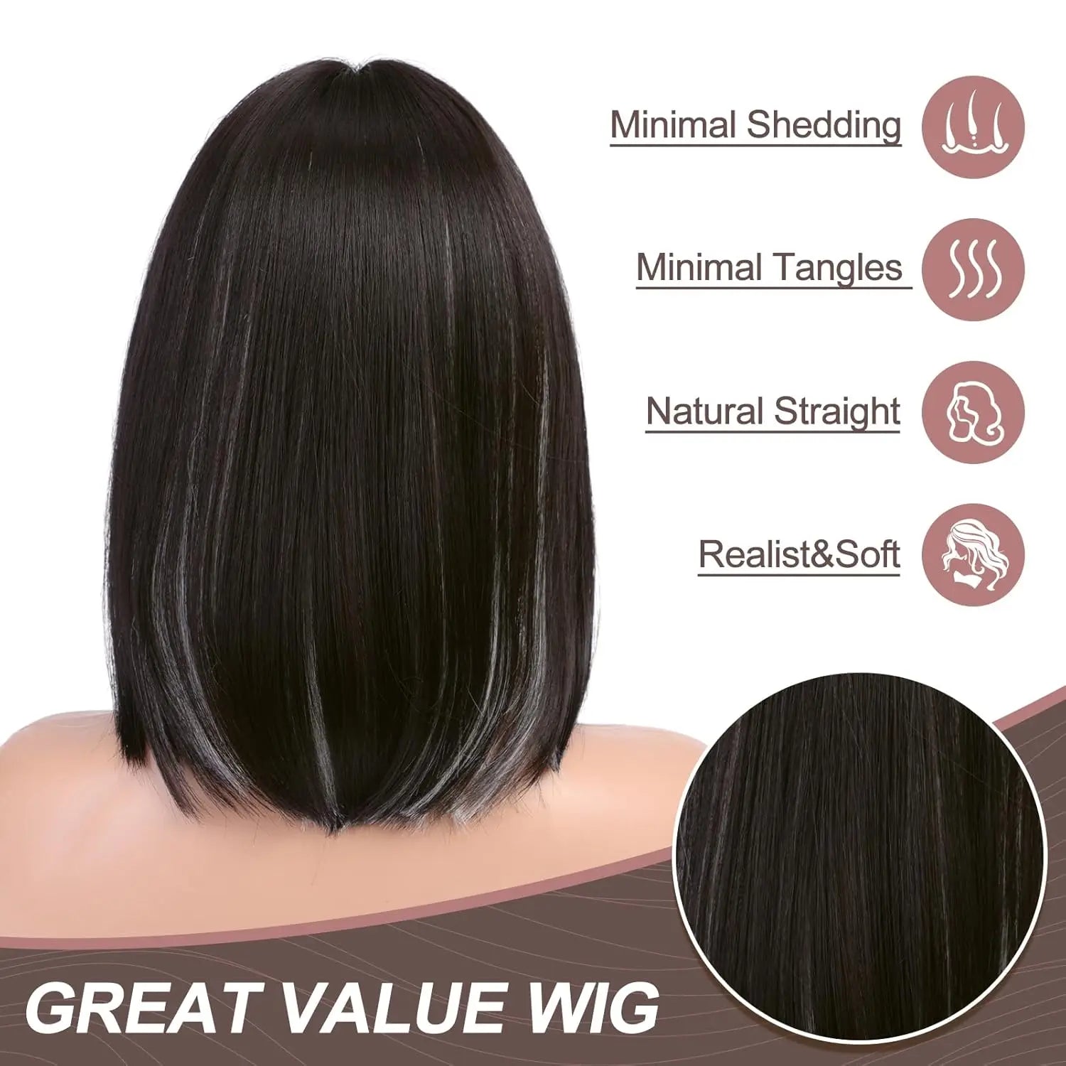 Short Straight Bob Synthetic Wigs for Women White With Black Brown Highlights Cosplay Hair With Bangs Daily Lolita Natural Wigs