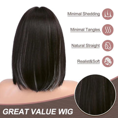 Short Straight Bob Synthetic Wigs for Women White With Black Brown Highlights Cosplay Hair With Bangs Daily Lolita Natural Wigs