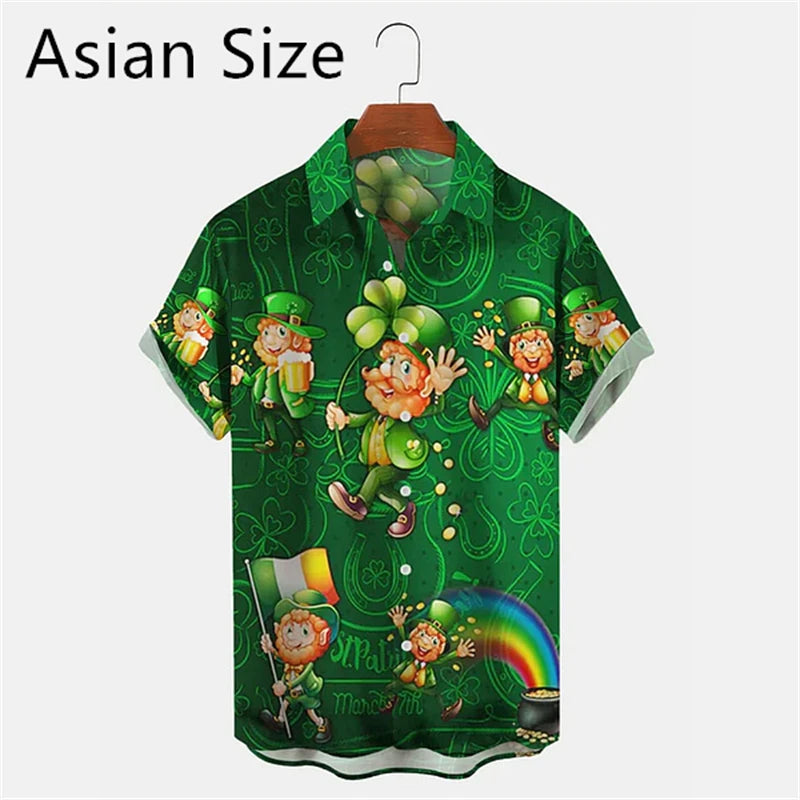 2025 New 3D Printed St. Patrick's Day Shirts Fashion Summer Short Sleeve Lapel Button Mens Shirt Casual Oversized Blouse Tops