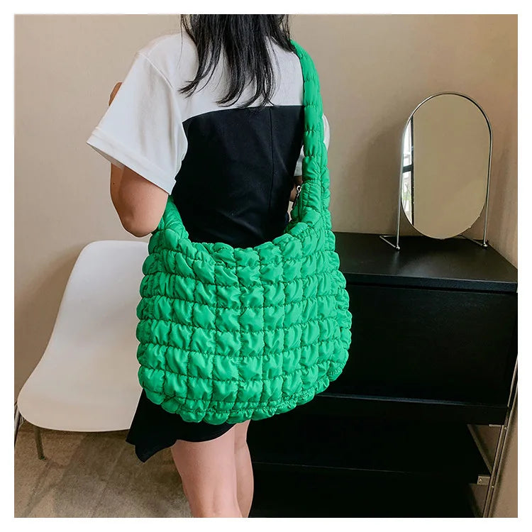 Women Fashion Crossbody Bag Large Capacity Puffy Nylon Casual Handbag Lightweight Quilted Padded Double Zipper Hobo Shoulder Bag
