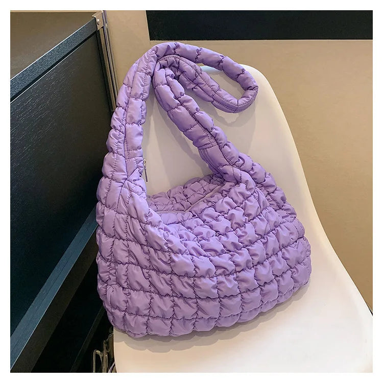 Women Fashion Crossbody Bag Large Capacity Puffy Nylon Casual Handbag Lightweight Quilted Padded Double Zipper Hobo Shoulder Bag