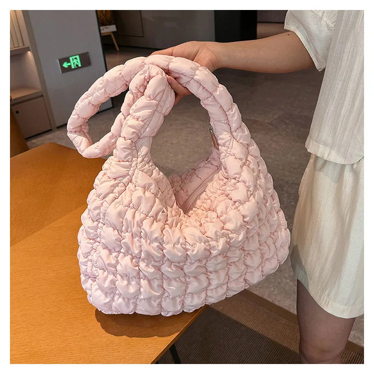 Women Fashion Crossbody Bag Large Capacity Puffy Nylon Casual Handbag Lightweight Quilted Padded Double Zipper Hobo Shoulder Bag