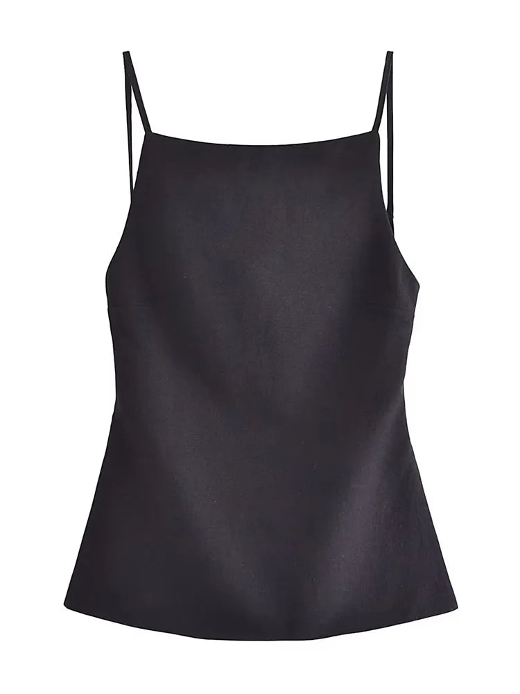 Women Fashion Solid Lace Up Backless Camisole Vintage Thin Straps Square Collar Female Chic Lady Tops