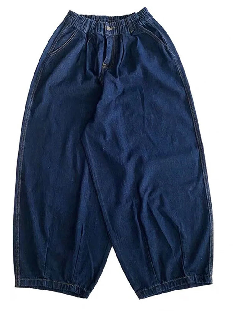 Men Wide Leg Jeans Baggy Retro Blue Japanese Simple Leisure Stylish Soft All-match Pocket Large Size S-3XL Solid New-fashion Hot