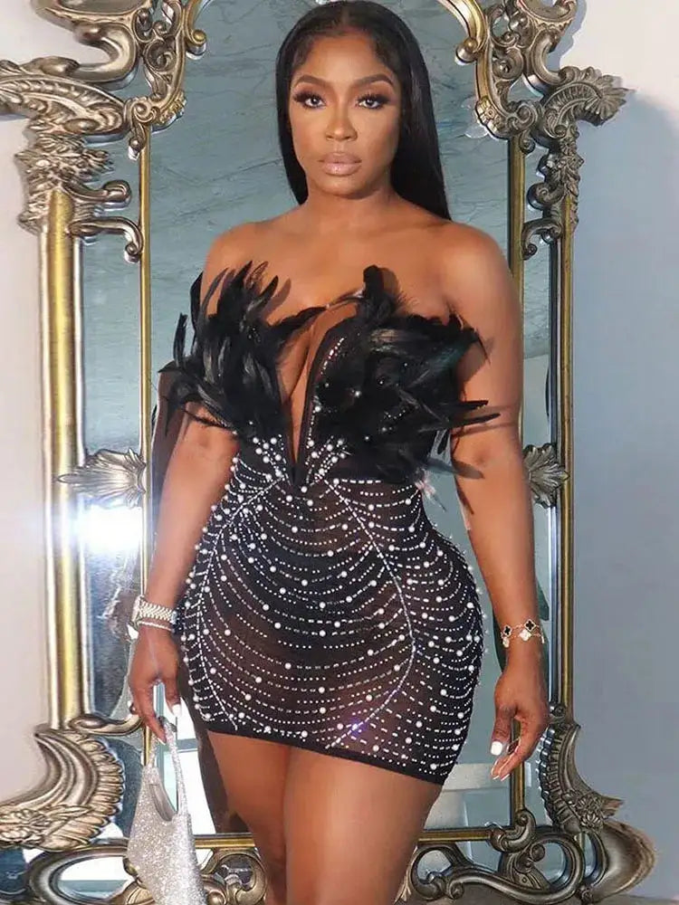 Beaded Feather Prom Corset Dress