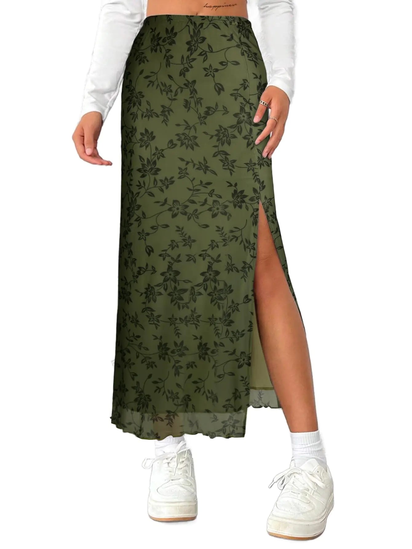 Avanova Womens Floral Print Mesh Slit Split Long Skirts High Waisted Sexy Summer Maxi Skirts Green Floral Small