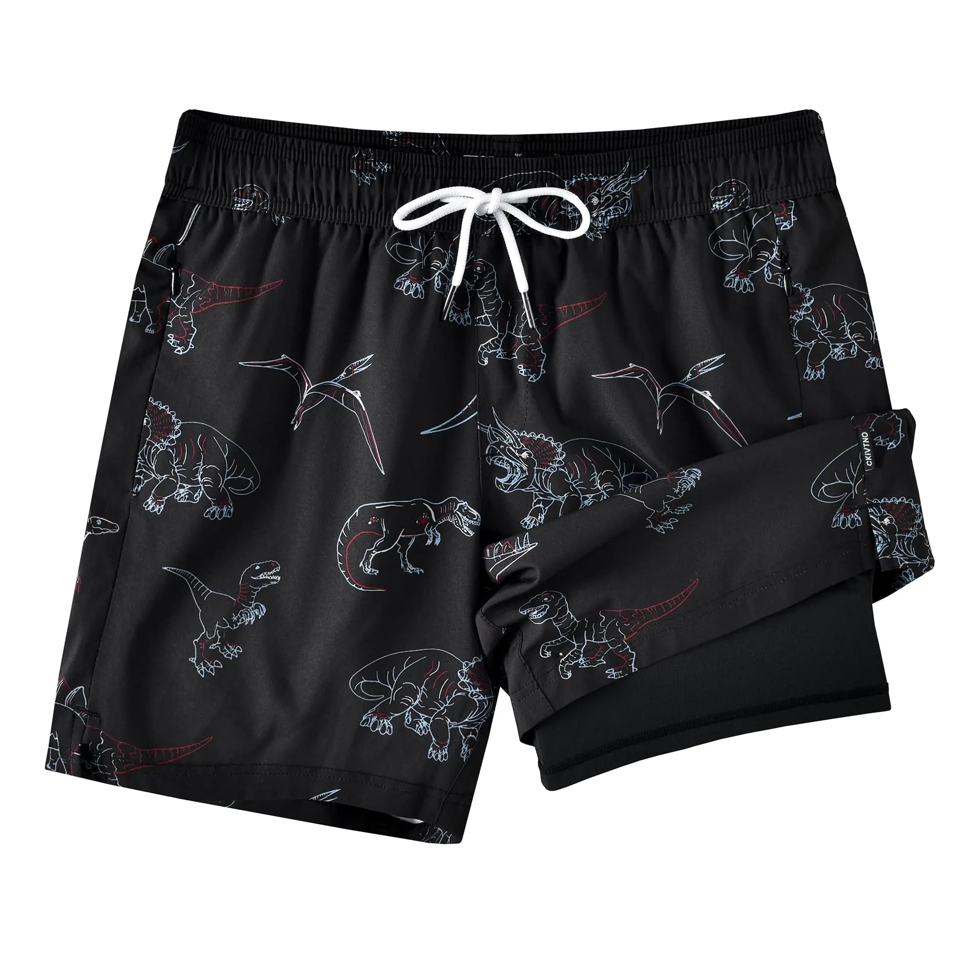 CKIVTNO Mens 5.5 inch Dinosaur Printed Hawaiian Short Swim Trunks Compression Liner Quick Dry Summer Swimwear Bathing Suits Boardshorts Beach Wear