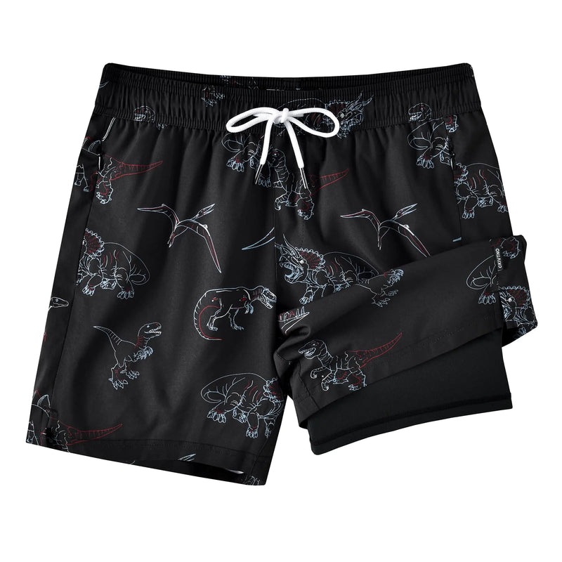 CKIVTNO Mens 5.5 inch Dinosaur Printed Hawaiian Short Swim Trunks Compression Liner Quick Dry Summer Swimwear Bathing Suits Boardshorts Beach Wear