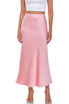 SITELUOYG Womens Silk Satin Maxi Skirts High Waist Elastic Pull-On A Line Fishtail Long Skirt Pink