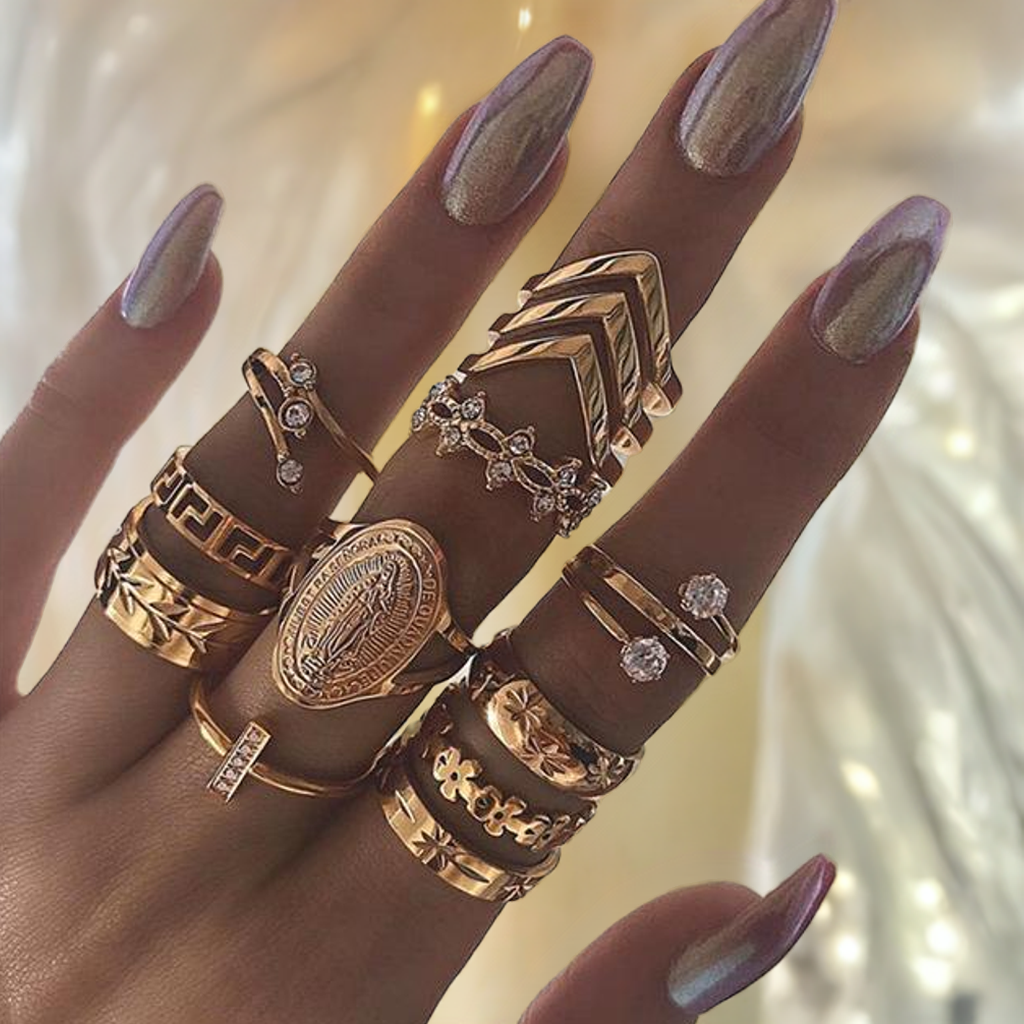13 Piece Medallion Ring Set With Austrian Crystals 18K Gold Plated Ring ITALY Design
