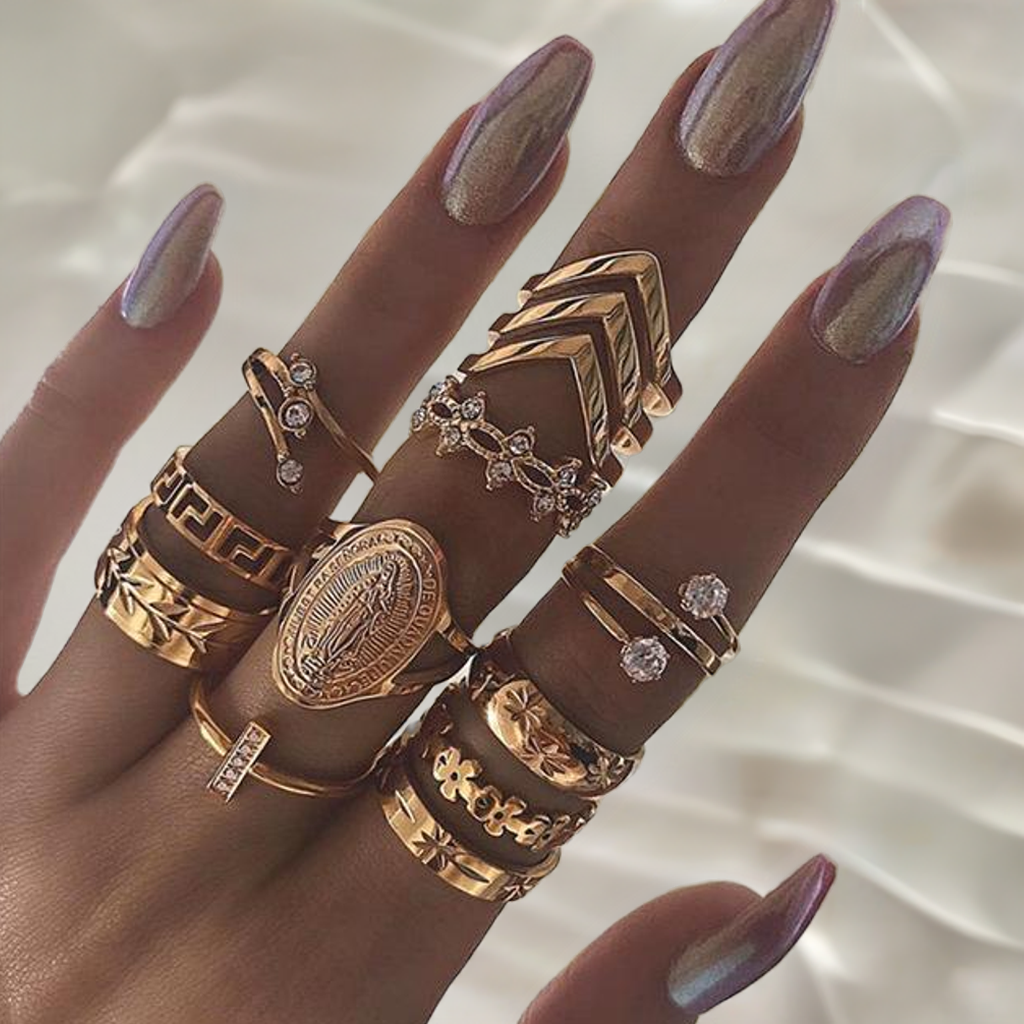 13 Piece Medallion Ring Set With Austrian Crystals 18K Gold Plated Ring ITALY Design