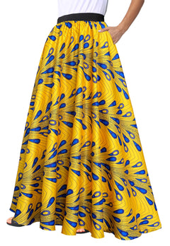Afibi Women African Skirt Printed Ankara Maxi Skirt Dashiki Long Skirts with Pockets (X-Large Peacock)
