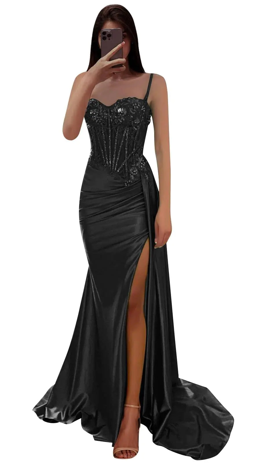 Bolodoo Sparkly Lace Applique Prom Dress Long Ball Gown with Slit Black Satin Mermaid Formal Dresses for Women Size 10