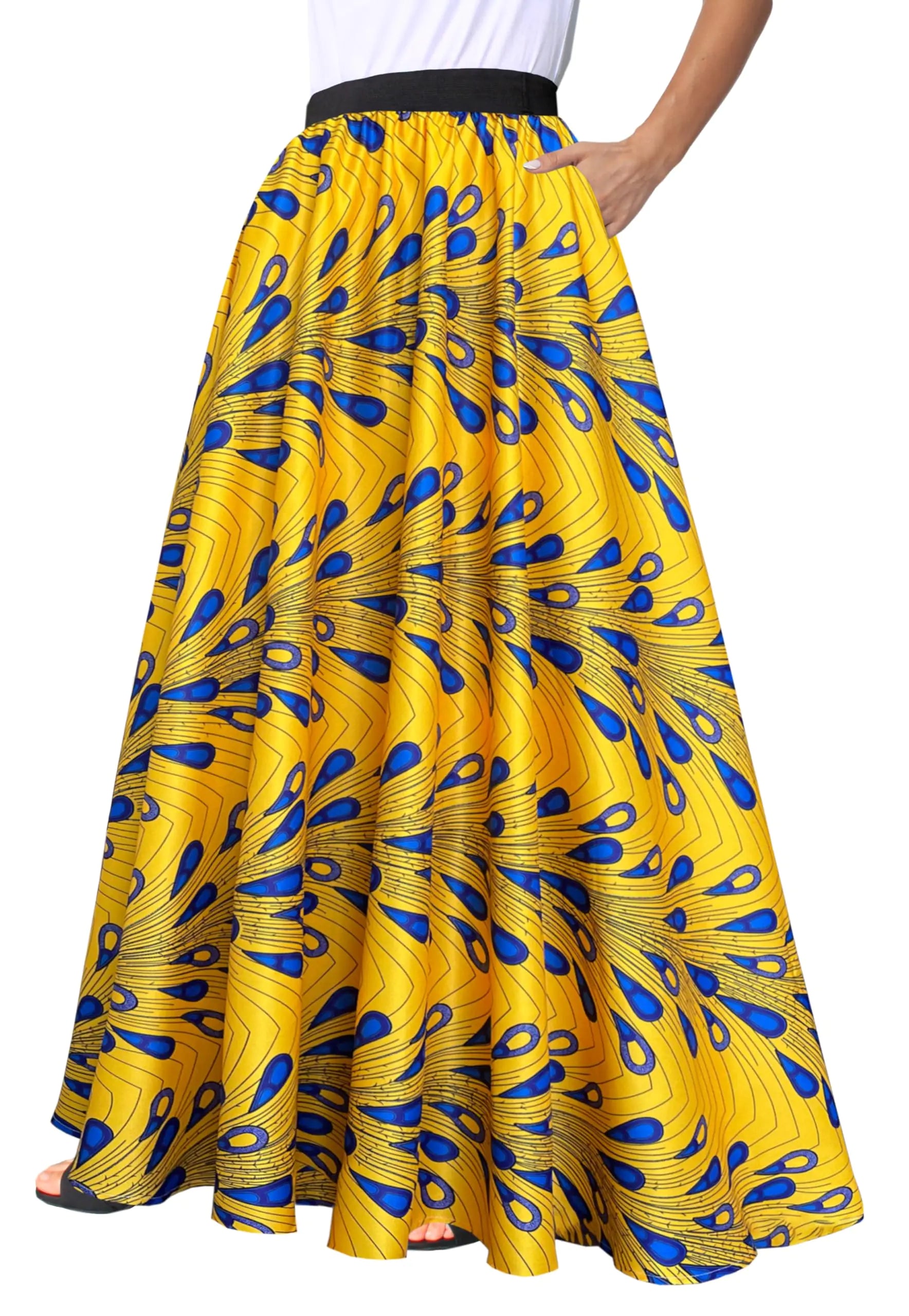 Afibi Women African Skirt Printed Ankara Maxi Skirt Dashiki Long Skirts with Pockets (X-Large Peacock)