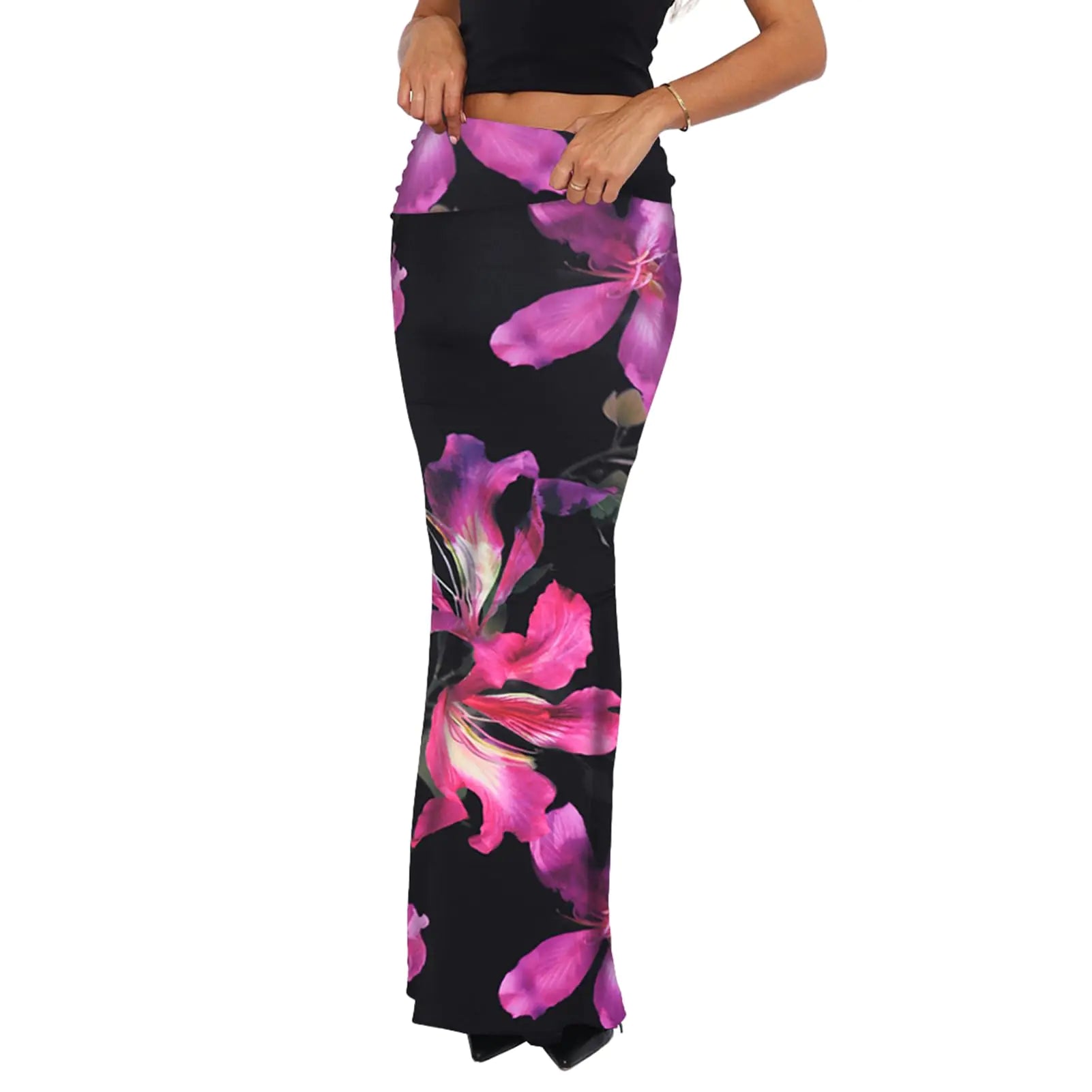 Goafuliy Womens High Waisted Maxi Skirts Fold Over Maxi Long Skirts Elastic Waist Swing Maxi Floral Skirt Purple Black M