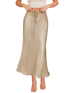 VividHarbor Womens Drawstring Satin Maxi Skirt High Waist Silk A Line Flowy Long Skirts Champagne