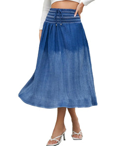 DREFBUFY Maxi Skirt Womens High Waist Pleated Tiered Long Skirts Denim Look with Elastic Waistband Casual Style Midi Dress for Women Multi Wearing Styles