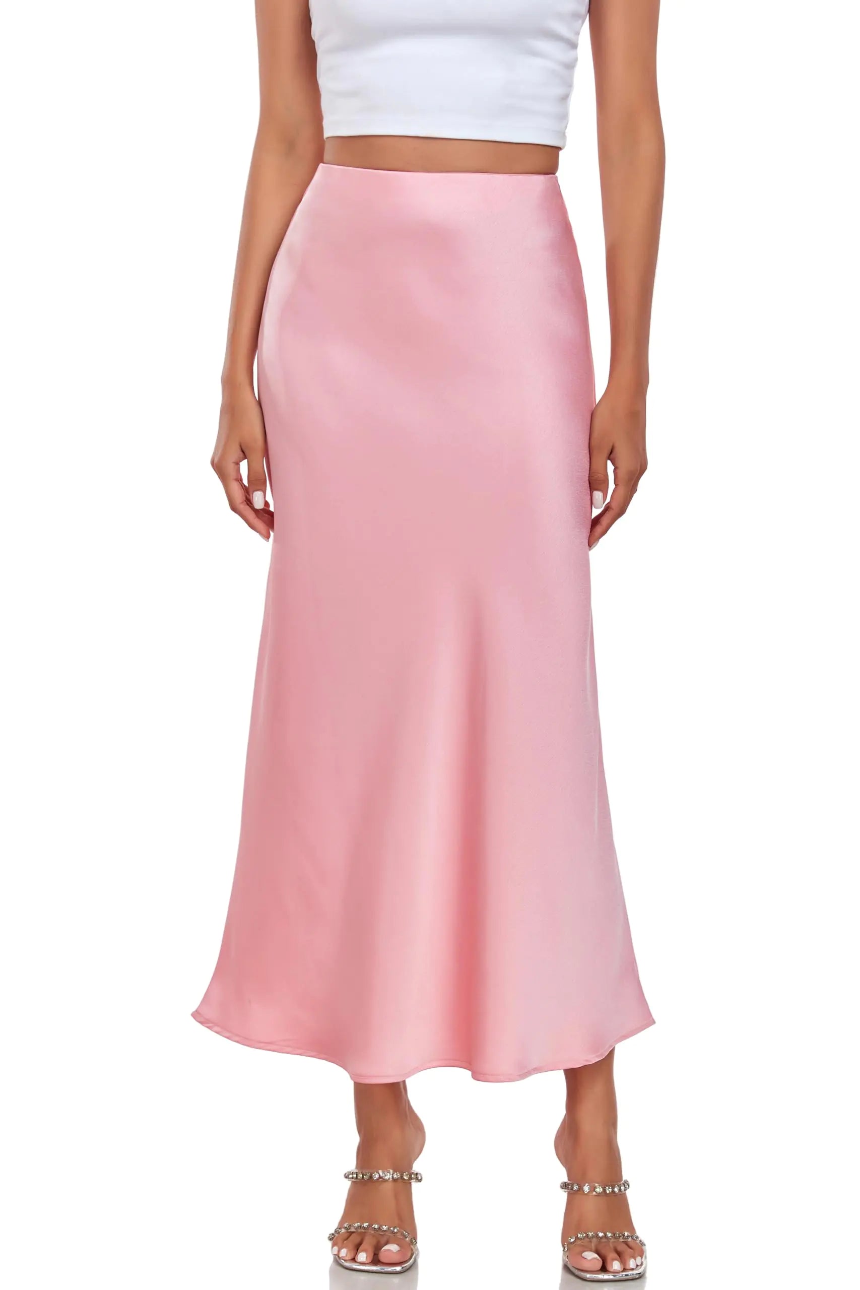 SITELUOYG Womens Silk Satin Maxi Skirts High Waist Elastic Pull-On A Line Fishtail Long Skirt Pink