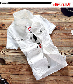 2021 New Thin Mens Vest Trousers 2pcs Set Denim Waistcoat Pencil Pants Casual Boys Slim Fit Single Breasted