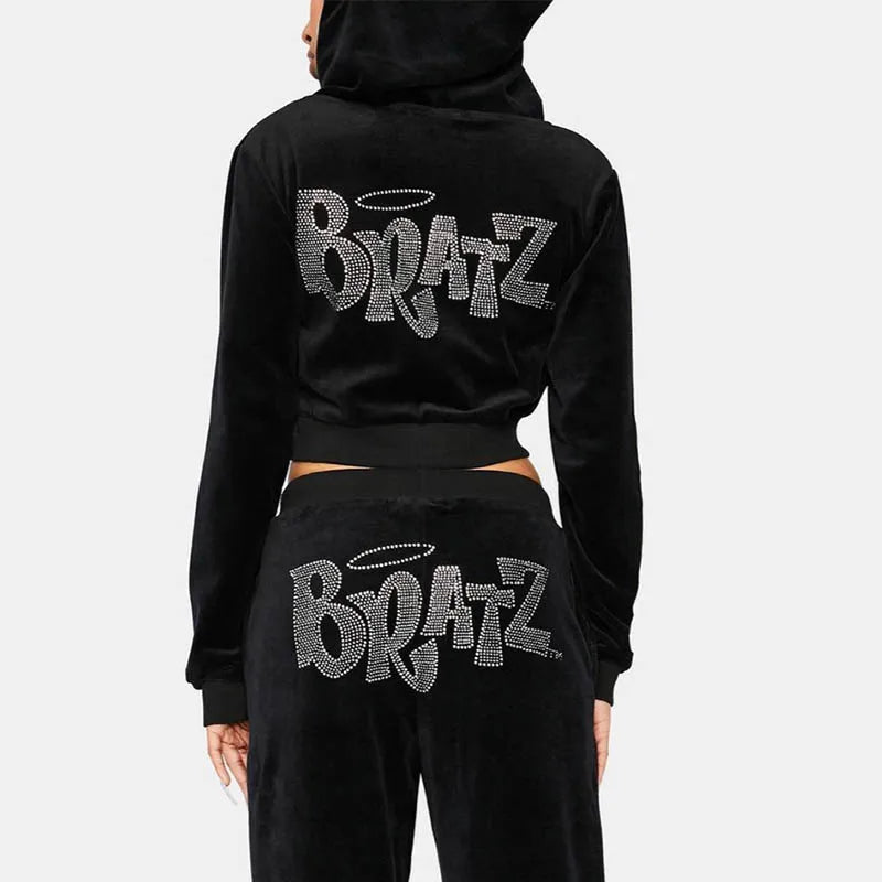 Kawaii Jogging Sweatpants Women Harajuku Oversized Rhinestone BRATZ Print Y2k Joggers Plush Sport Cargo Pants Trousers Femme