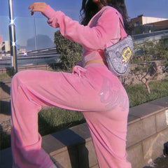 Kawaii Jogging Sweatpants Women Harajuku Oversized Rhinestone BRATZ Print Y2k Joggers Plush Sport Cargo Pants Trousers Femme