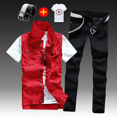 2021 New Thin Mens Vest Trousers 2pcs Set Denim Waistcoat Pencil Pants Casual Boys Slim Fit Single Breasted